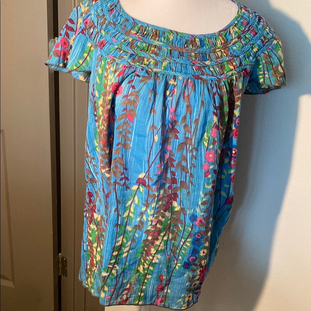Free People Smocked Floral Blue Women's Tunic Top Size Medium Made in India